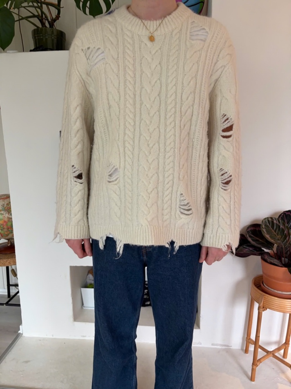 Holzweiler Women's Bahaeia Distressed Crew Mohair Sweater in Ecru Size‎ M